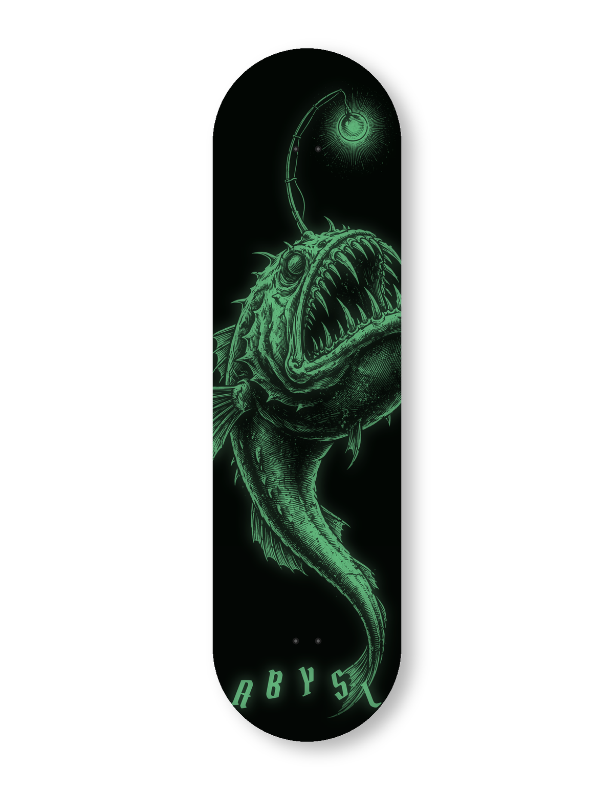 ABYSL ANGLR anglerfish skateboard deck, glow in the dark finish