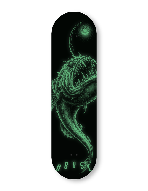 ABYSL ANGLR anglerfish skateboard deck, glow in the dark finish