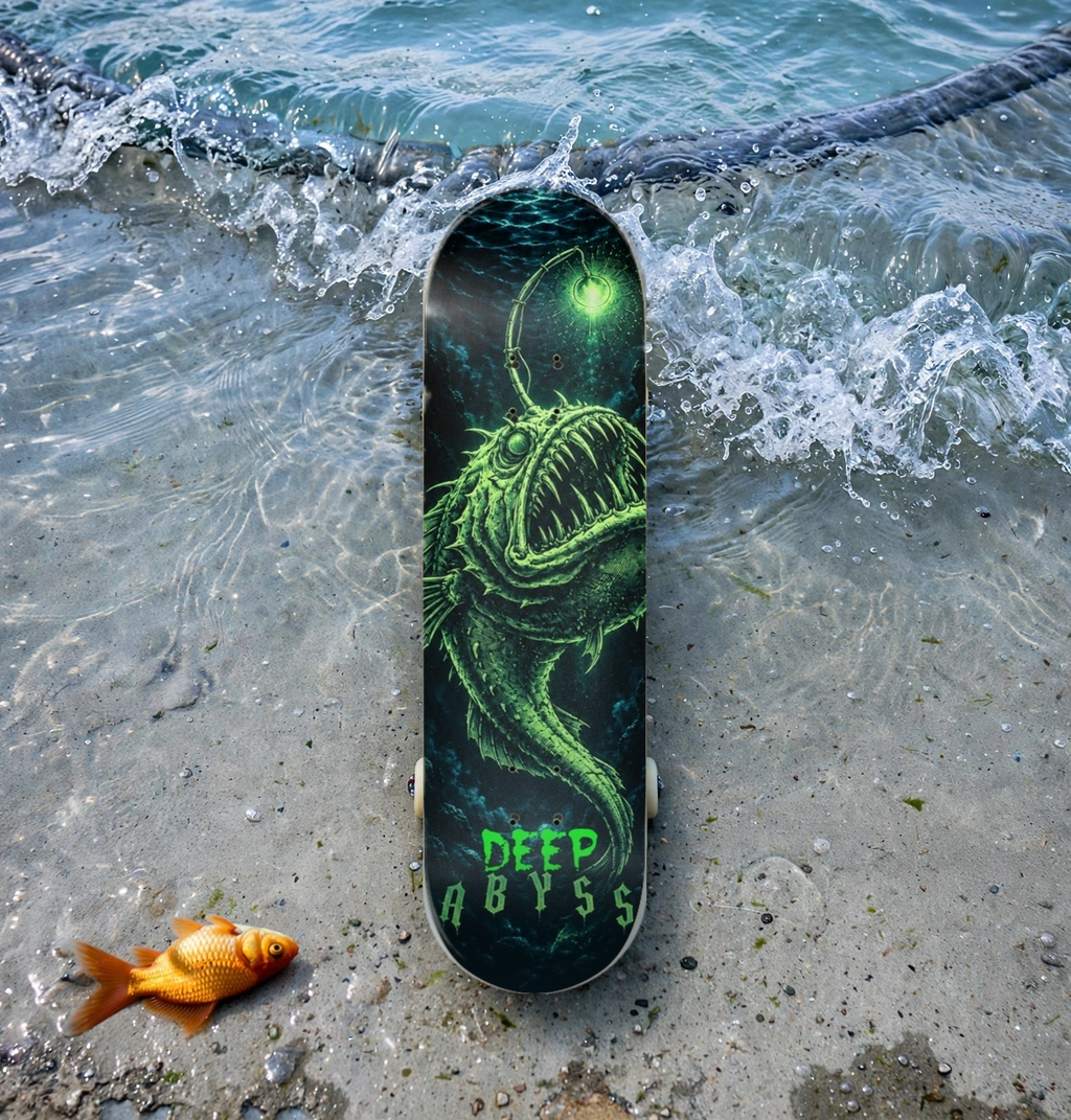 ABYSL Deep Abyss anglerfish skateboard deck, full color finish